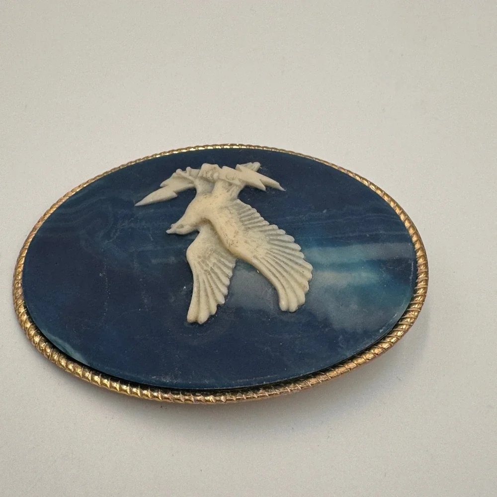 Incolay‎ Stone Eagle Belt Buckle Blue White Marbled Handcrafted USA Vintage Oval
